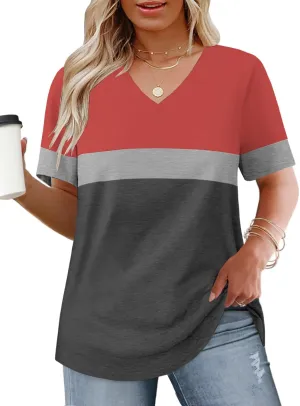Womens-Plus-Size-Tops Summer Short Sleeve Casual V Neck Tunics Trendy Color Block Fashion T Shirts