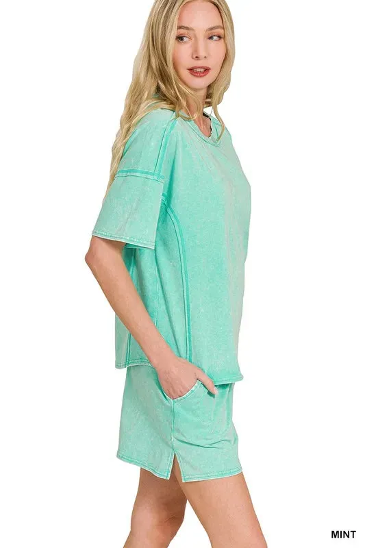 Zenana Acid Washed Short Sleeve Womens Tee & Shorts Set