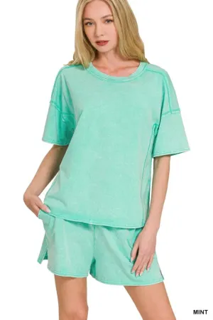 Zenana Acid Washed Short Sleeve Womens Tee & Shorts Set