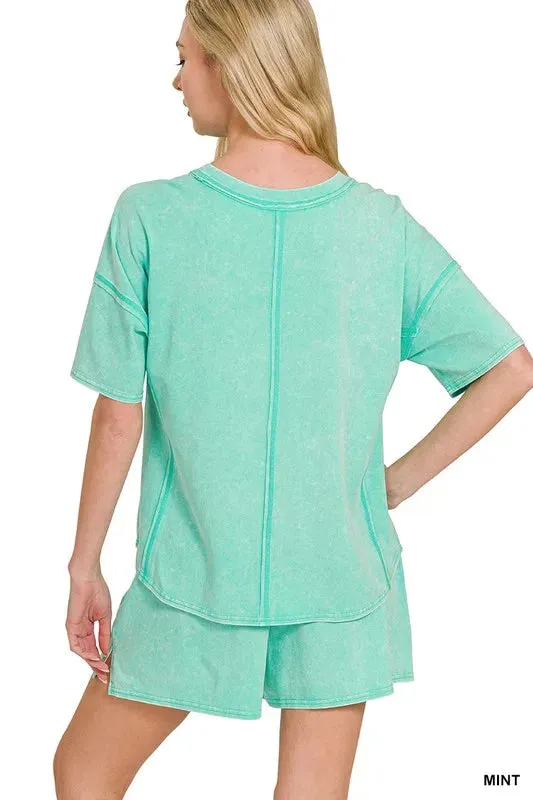 Zenana Acid Washed Short Sleeve Womens Tee & Shorts Set